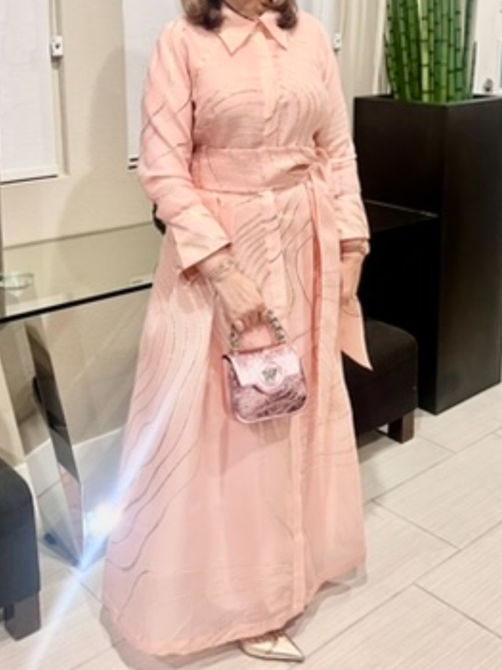 Long Sleeve Pink Maxi Shirt Dress with Waist Tie